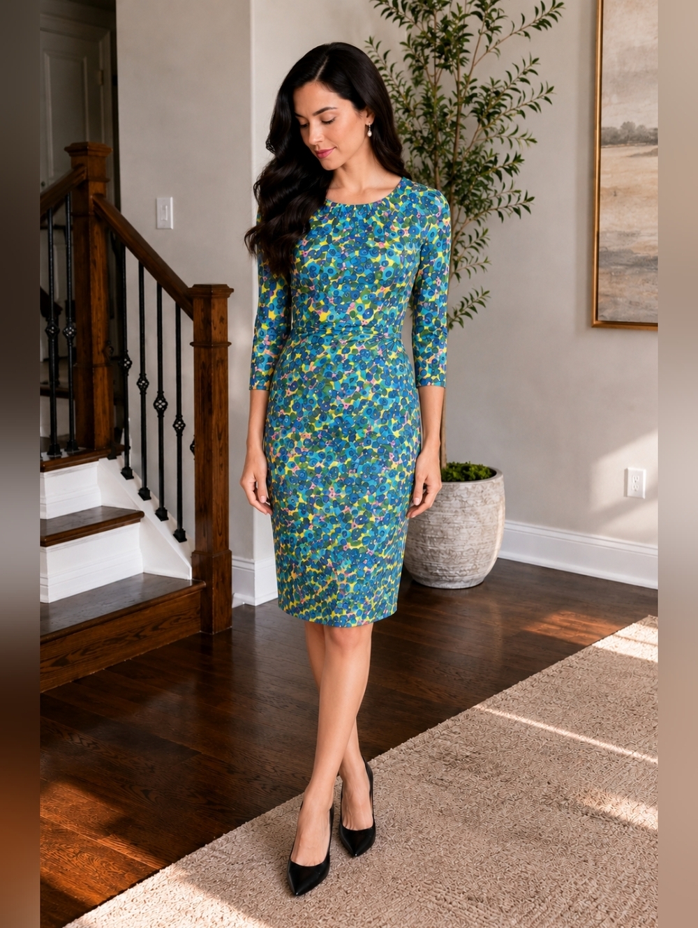 Boden Green and Blue Floral Long Sleeve Sheath Dress
